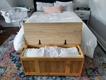 Load image into Gallery viewer, Blanket chest. As always everything is made from reclaimed wood. This model is made from Birch and select Pine for the top. Customize able dimensions available.

